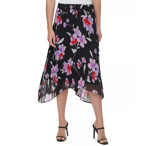 Calvin Klein Pleated Floral Asymmetrical Midi Skirt Black Purple size S NWT - Picture 1 of 12